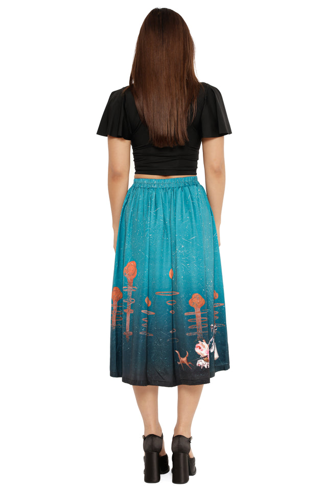 Fallout x BlackMilk teal pocket midi skirt with wasteland-inspired print of Dogmeat and Fallout’s Mr Handy robot.