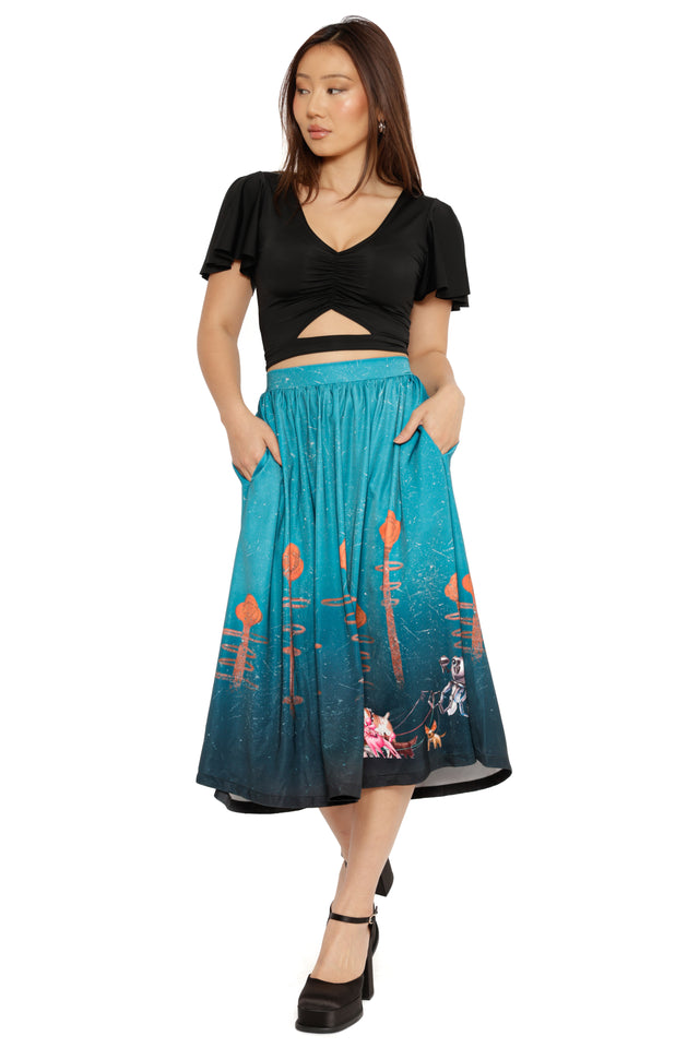 Model styled in Fallout x BlackMilk Man’s Best Friend Skirt featuring Dogmeat and robot companions in retro Fallout design.