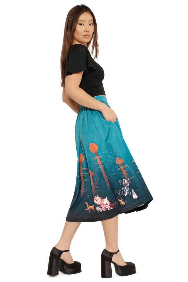 Fallout x BlackMilk Man’s Best Friend Midi Skirt featuring detailed Fallout artwork with Dogmeat and glowing wasteland motifs.