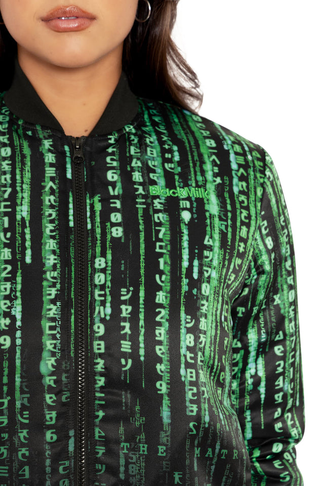 BlackMilk Clothing x Warner Brothers Matrix - Matrix Code Shiny Bomber Jacket - Warner Bros. Merchandise - Collaboration apparel - Licenced.