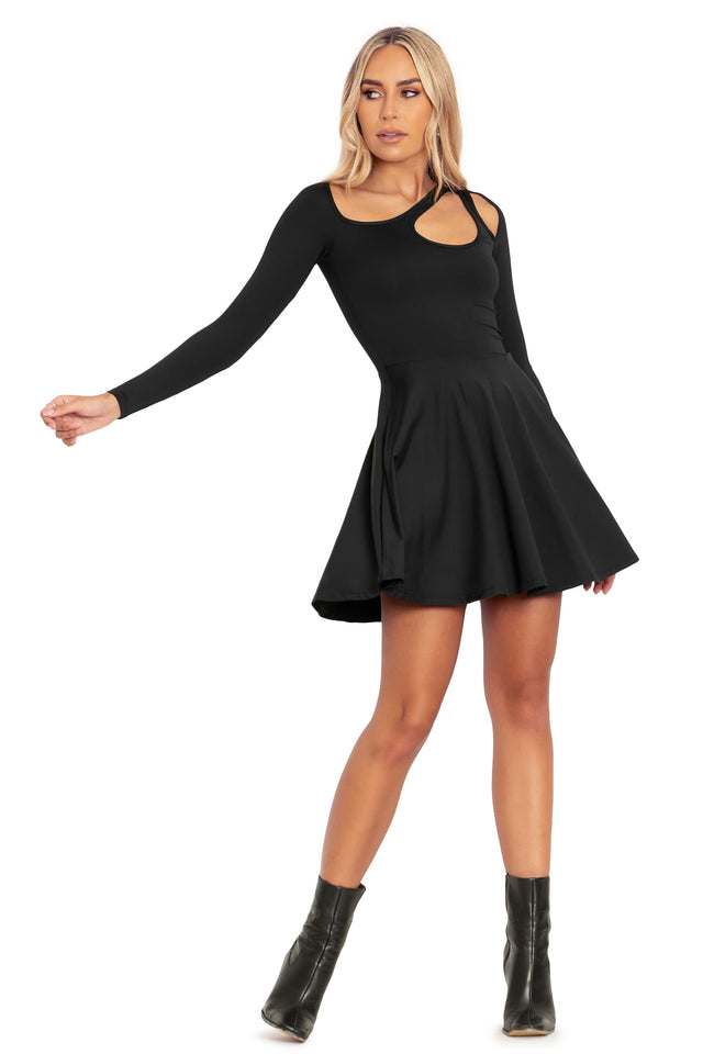 BlackMilk Clothing - Matte Black Cut Out Long Sleeve Skater Dress