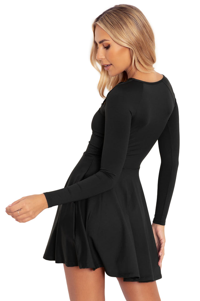 BlackMilk Clothing - Matte Black Cut Out Long Sleeve Skater Dress