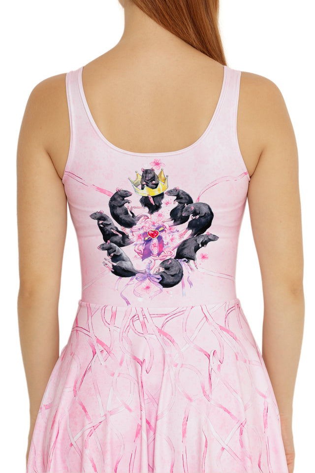 Maypole Rats Longline Dress worn full length, highlighting the gathered skirt, fitted waist, and expressive illustrated print.