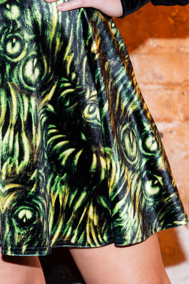 BlackMilk Mesmereyes Velvet Underbust Dress – green hypnotic eyeball print velvet Halloween underbust dress, part of the BlackMilk Clothing Halloween collection