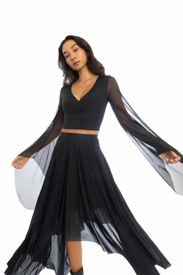 Midnight Drama Flare Sleeve Wrap Top - Limited BlackMilk Clothing Midnight Drama Flare Sleeve Wrap Top - Limited BlackMilk Clothing