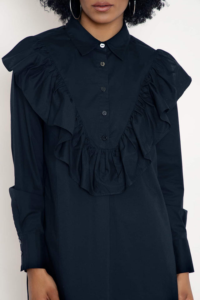 Midnight Frill Long Sleeve Shirt Dress