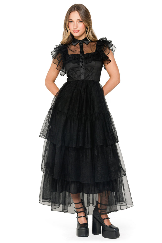 Midnight Mourning Tiered Tulle Maxi Dress