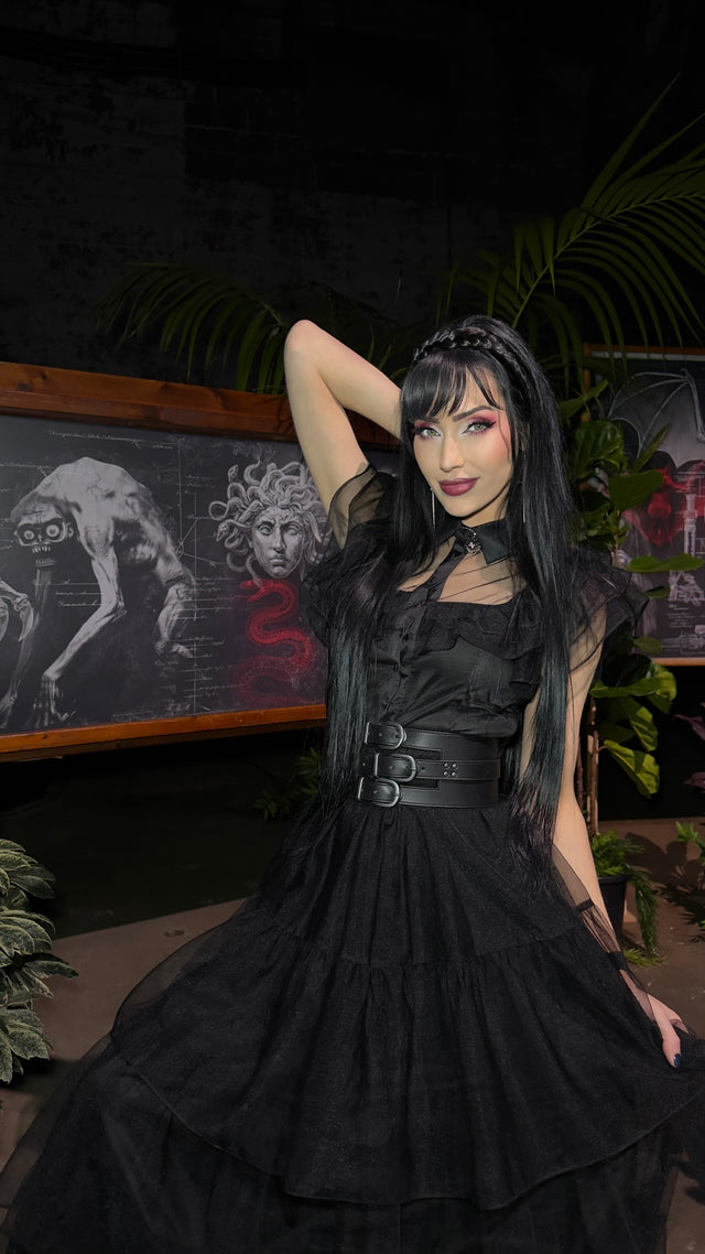 Midnight Mourning Tiered Tulle Maxi Dress
