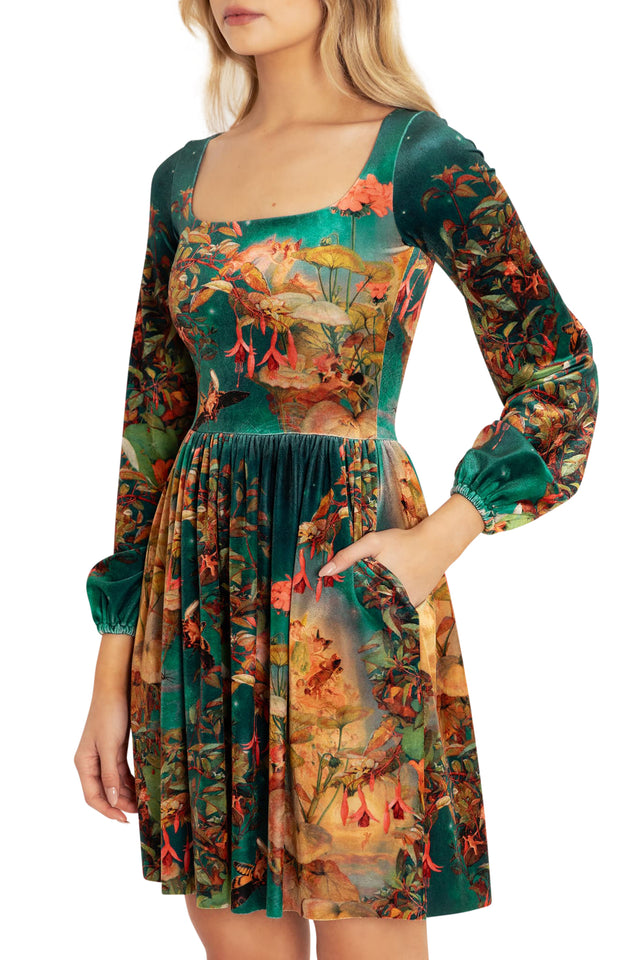 Midsummer Night's Fairies Velvet Squared Up Bishop Longline Dress Print