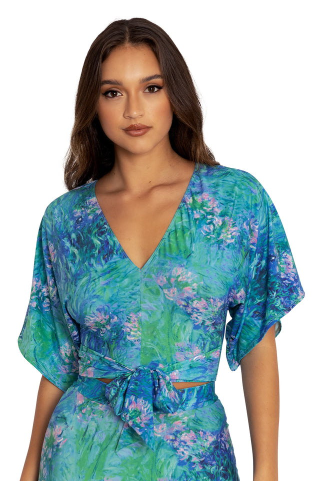 Monet Agapanthus Kimono Sleeve Tie Top closeup 