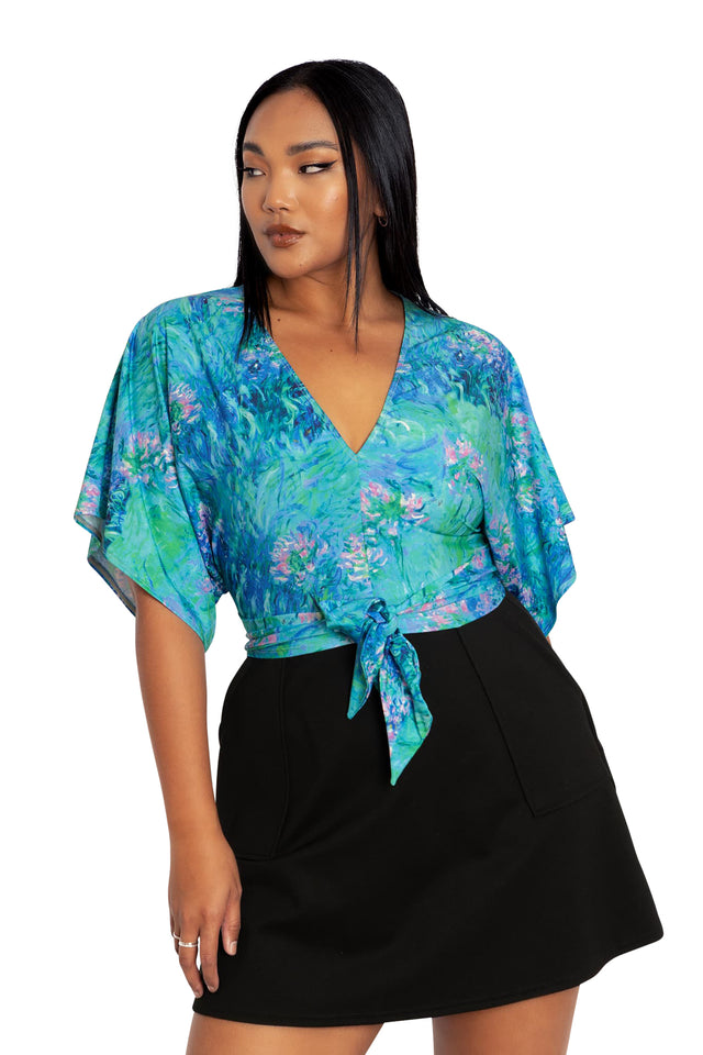 Monet Agapanthus Kimono Sleeve Tie Top closeup