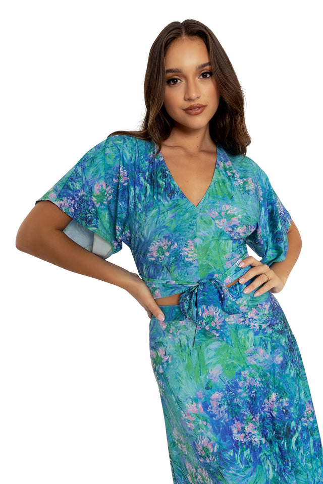 Monet Agapanthus Kimono Sleeve Tie Top wide