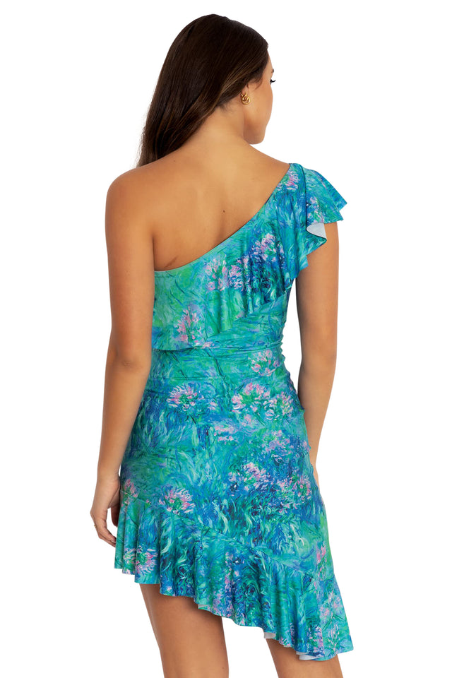 Monet Agapanthus One Shoulder Flounce Dress Back