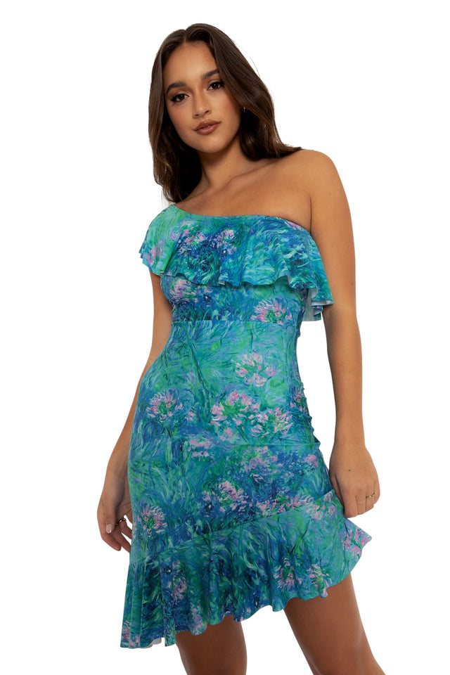 Monet Agapanthus One Shoulder Flounce Dress Wide