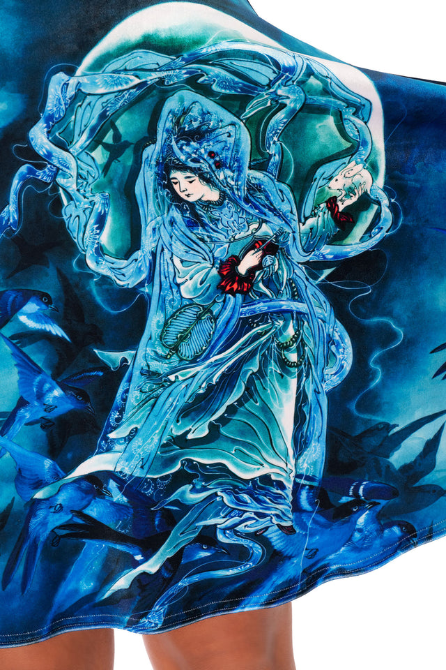 BlackMilk Moon Goddess Velvet Princess Longline Dress front studio image showing sleeveless blue velvet dress with celestial print and longline skirt