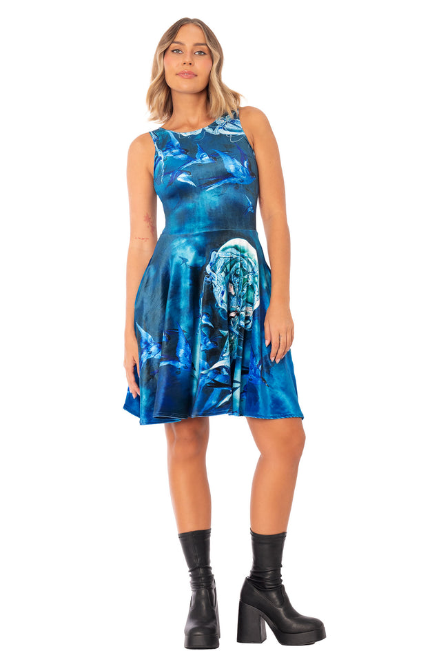 Moon Goddess Velvet Princess Longline Dress featuring rich blue velvet, detailed goddess artwork and flowing princess silhouette