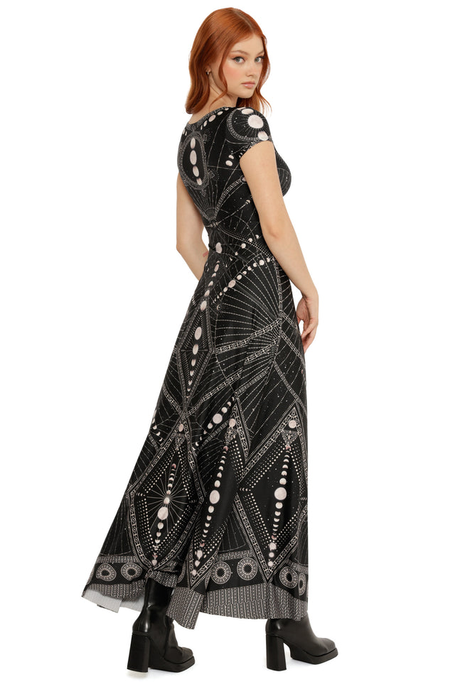 Moon Phases Cap Sleeve Scoop Maxi Dress