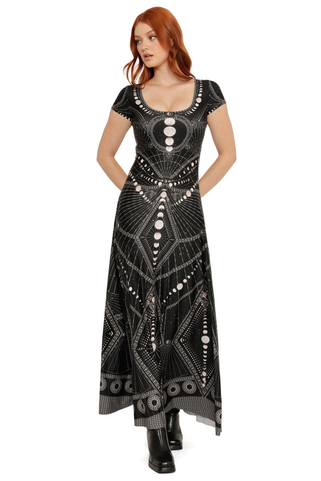 Moon Phases Cap Sleeve Scoop Maxi Dress