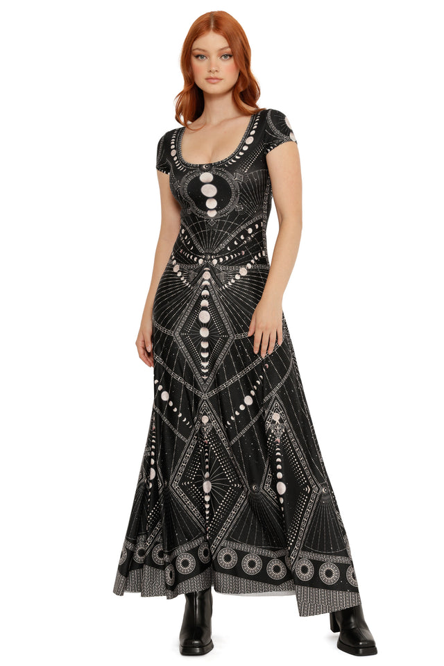 Moon Phases Cap Sleeve Scoop Maxi Dress