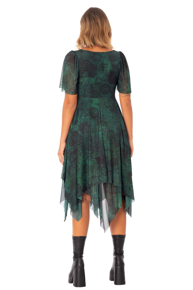 Moss Maiden Handkerchief Short Sleeve Dress featuring layered sheer movement, asymmetrical hem and rich green print with woodland inspired tones