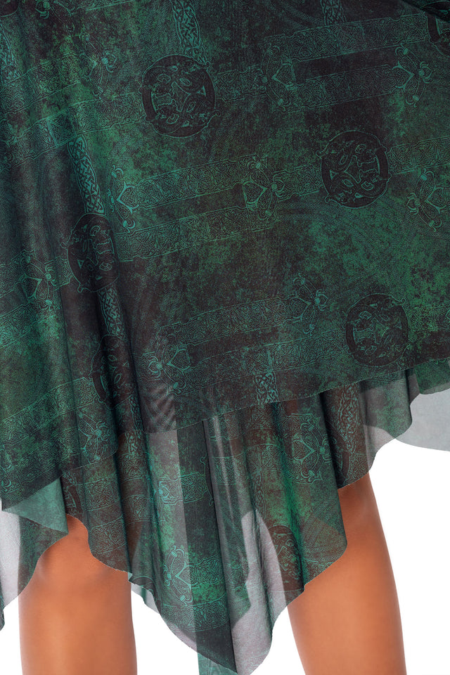 Moss Maiden Handkerchief Short Sleeve Dress featuring flowing asymmetrical handkerchief hem, sheer green overlay, flutter sleeves and Celtic inspired woodland print detail