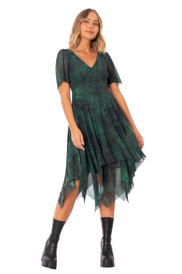 Moss Maiden Handkerchief Short Sleeve Dress front product image showing lightweight sheer fabric, asymmetrical hemline and dark green textured print