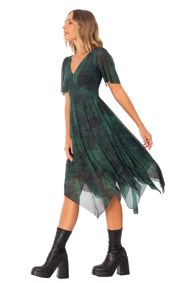 Fantasy inspired green midi dress with flutter sleeves, soft flowing handkerchief hem and fitted bodice for romantic everyday styling