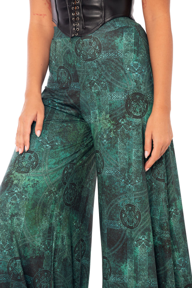 BlackMilk Moss Maiden Palazzo Pants with full length palazzo silhouette and dark green fantasy design