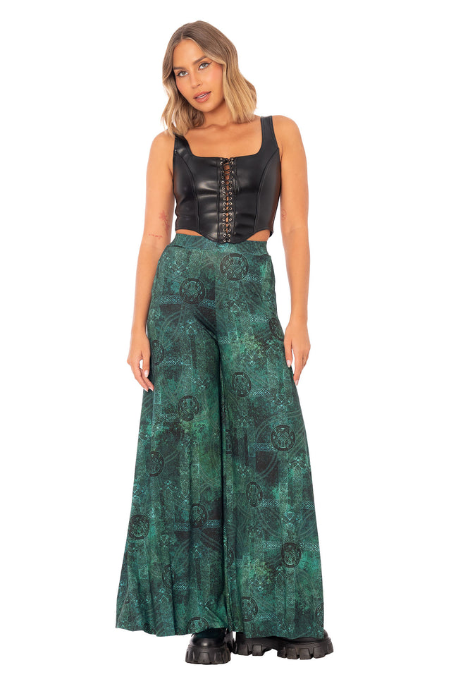 Front product image of Moss Maiden Palazzo Pants with full length drape and Celtic inspired fantasy artwork