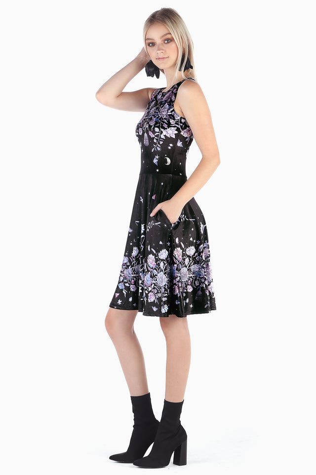 Bring back Mother Of Pearl Velvet Princess Longline Dress by BlackMilk Clothing, iconic velvet dress with dreamy floral and celestial print