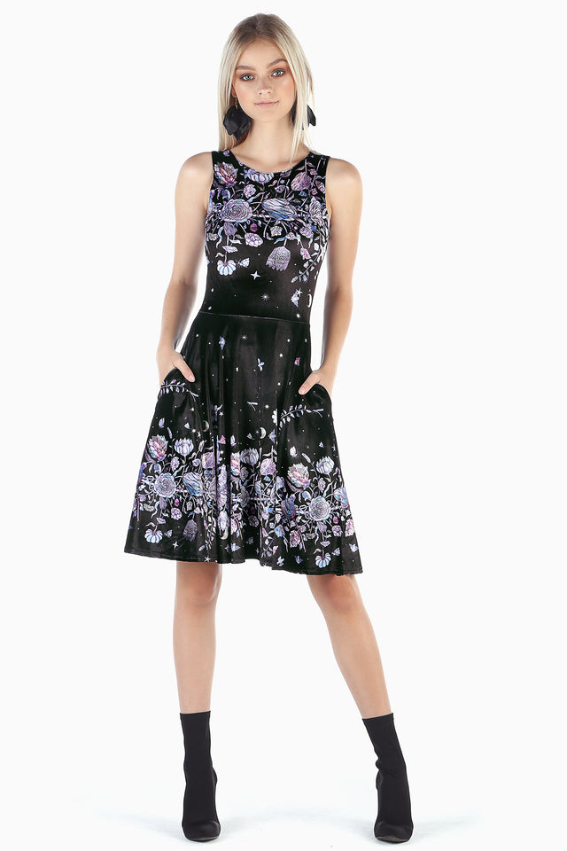 Black velvet longline dress with pastel floral and celestial artwork, Mother Of Pearl Velvet Princess Longline Dress from BlackMilk Clothing