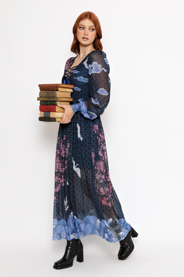 Flight of Tsuru Bishop Sleeve Maxi Dress