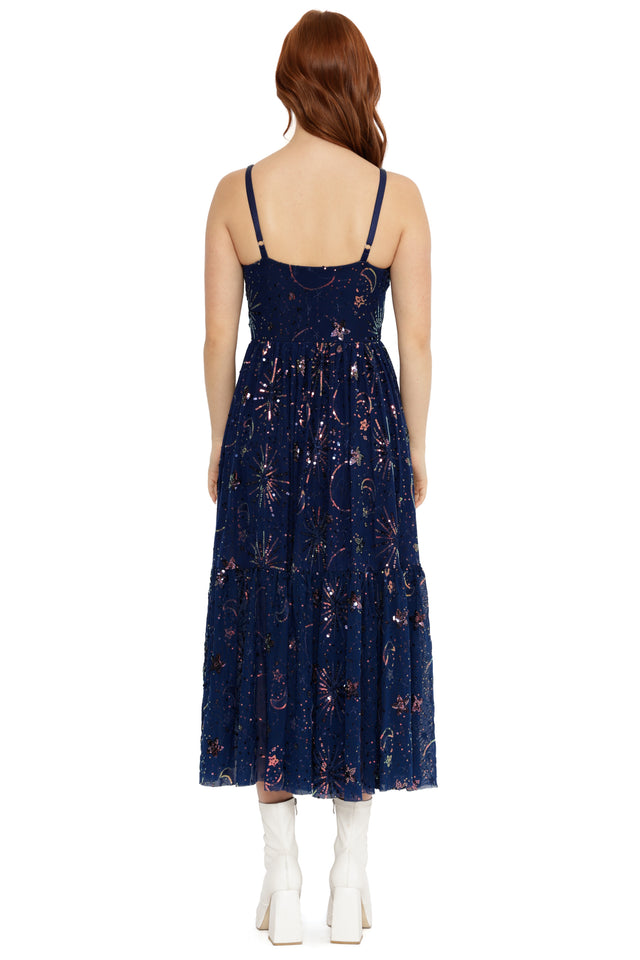 navy blue evening dress with sequins perfect for holiday parties