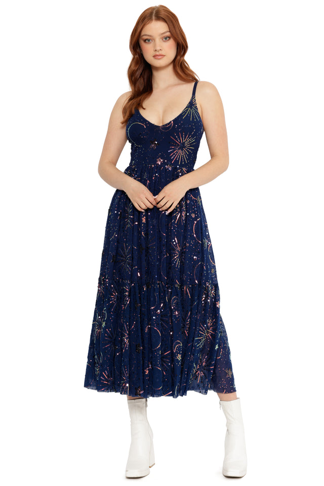 navy sequin midaxi dress women’s christmas party outfit