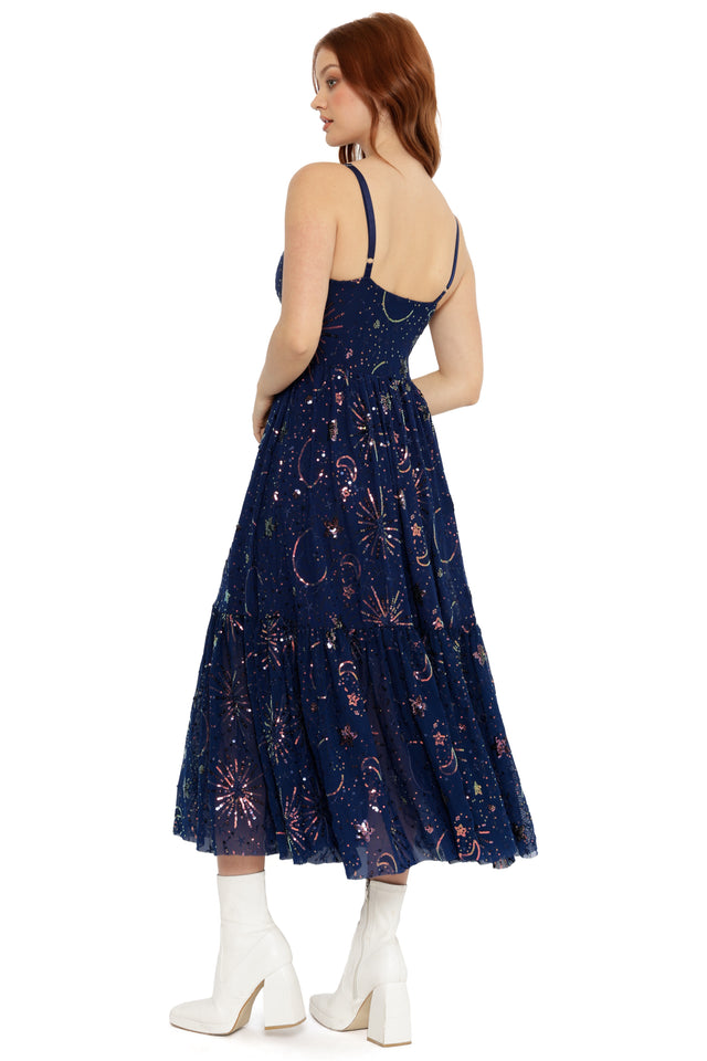 elegant navy christmas dress with shimmer sequin details