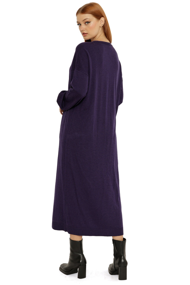 Front view of the Midnight Super Cardigan, a navy longline open-front knit cardigan with dropped shoulders and ribbed cuffs.