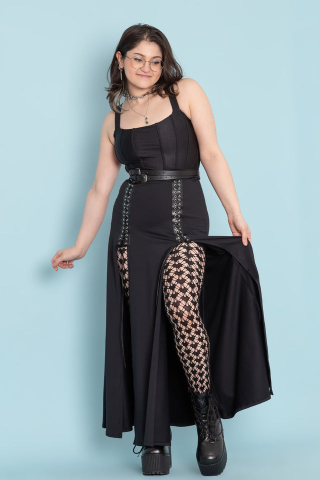 BlackMilk Clothing - Netted My Heart Hosiery - Matte Black Laced Split Skirt