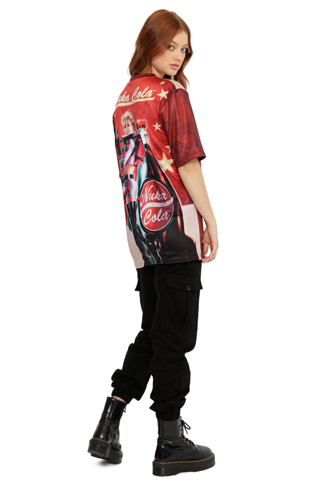 Model wearing Fallout x BlackMilk Nuka-Cola Touchdown Tee inspired by Fallout’s iconic Nuka-Cola girl poster.