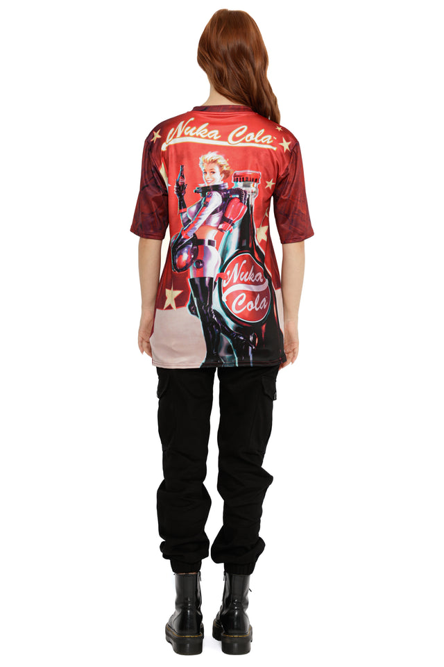 Fallout x BlackMilk Nuka-Cola sports jersey featuring classic Fallout pin-up illustration and vintage athletic trim.