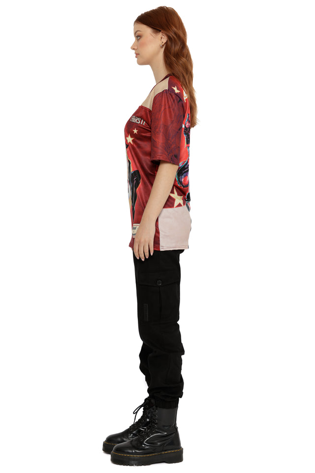 Red Fallout x BlackMilk Nuka-Cola Touchdown Jersey with Fallout advertising graphic and sporty oversized fit.