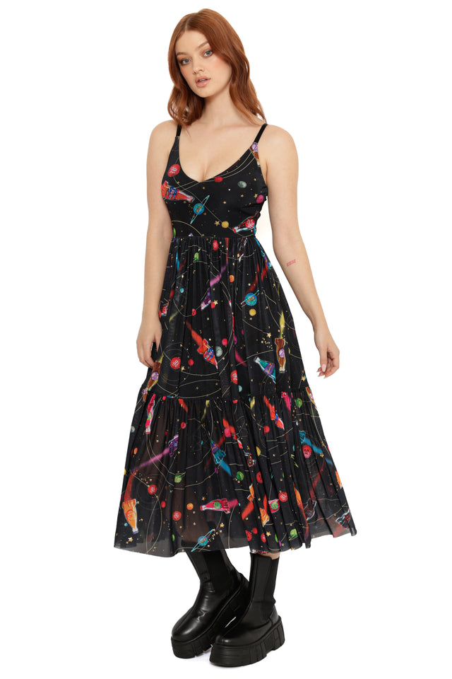 Black Fallout x BlackMilk Nuka-Space dress with layered sheer skirt and retro space travel artwork.