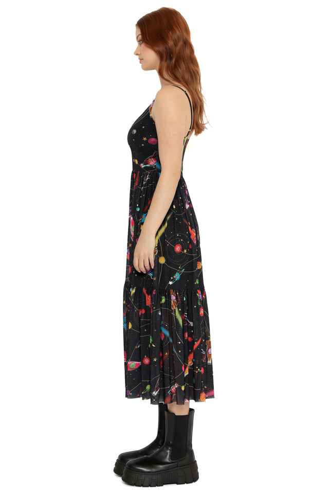 Fallout x BlackMilk Nuka-Space Sheer Midaxi Dress featuring vibrant intergalactic print with rockets and planets.