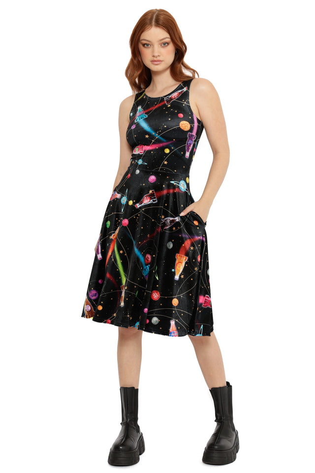 Black velvet Fallout x BlackMilk Nuka-Space Midi Dress with intergalactic print inspired by Fallout’s Nuka-Cola rockets.