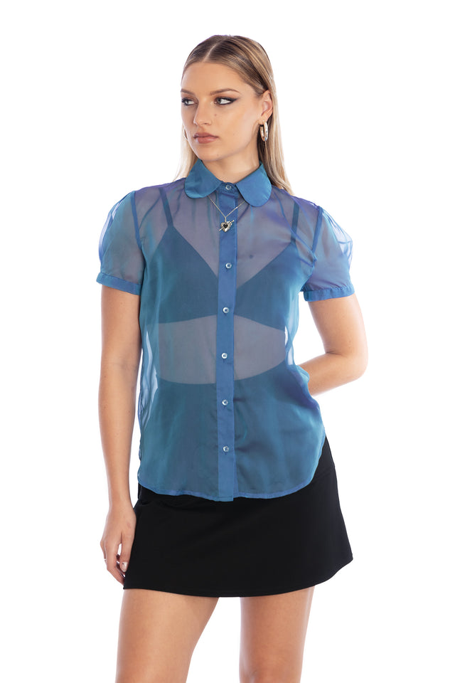 Ocean Gleam Puff Sleeve Cute As A Button Shirt