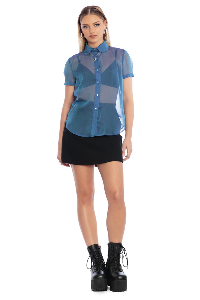 Ocean Gleam Puff Sleeve Cute As A Button Shirt