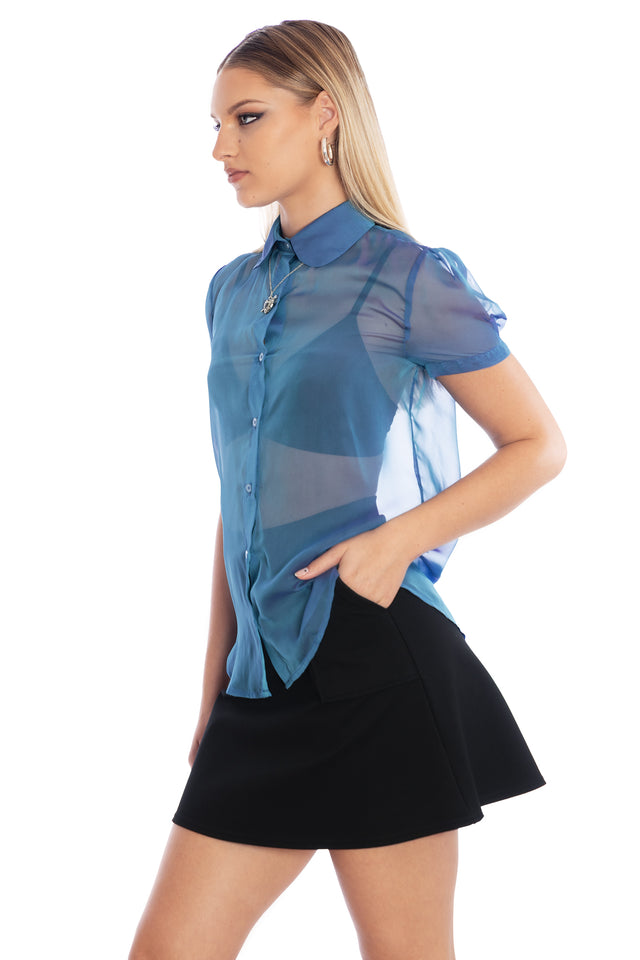 Ocean Gleam Puff Sleeve Cute As A Button Shirt