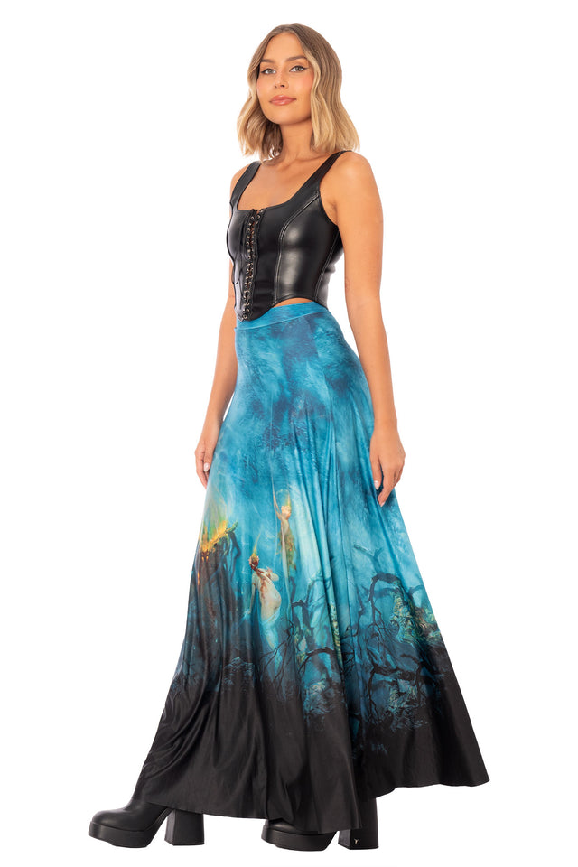 Women’s maxi skirt featuring dark blue ethereal print, high waisted shape and soft flowing full length skirt silhouette