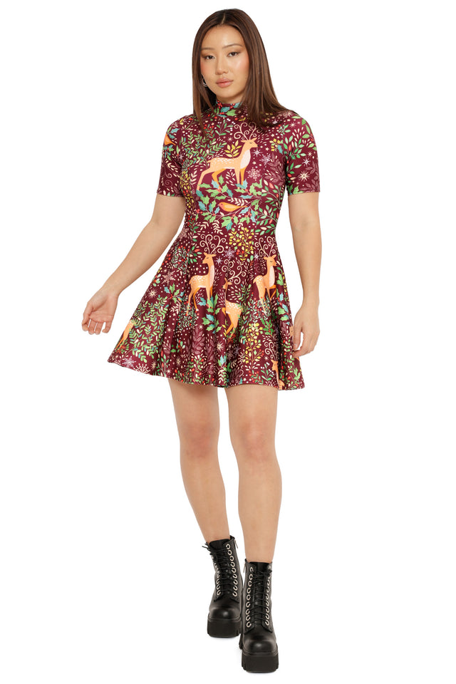 red christmas skater dress with reindeer print festive outfit
