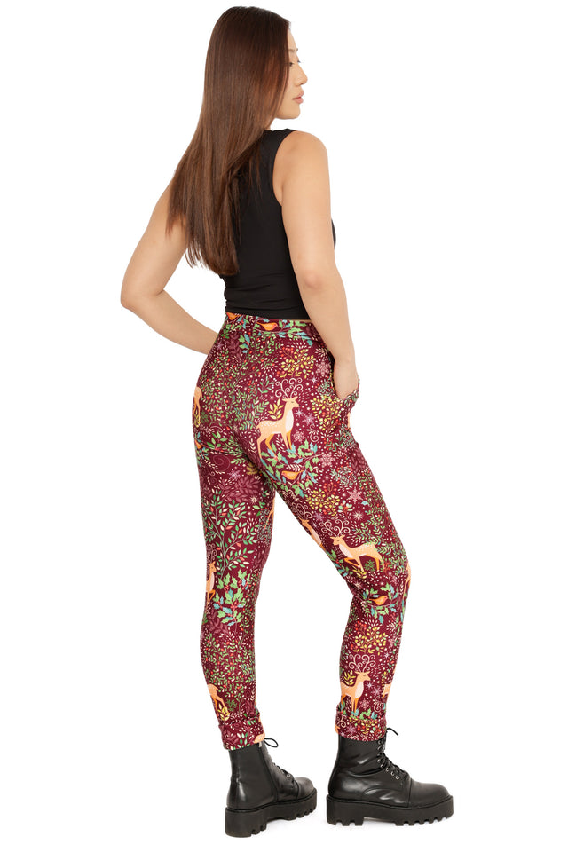 women’s holiday cuffed pants red reindeer christmas design
