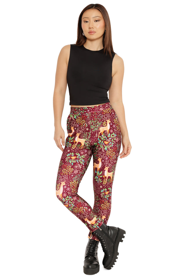 burgundy christmas pants with reindeer print festive outfit